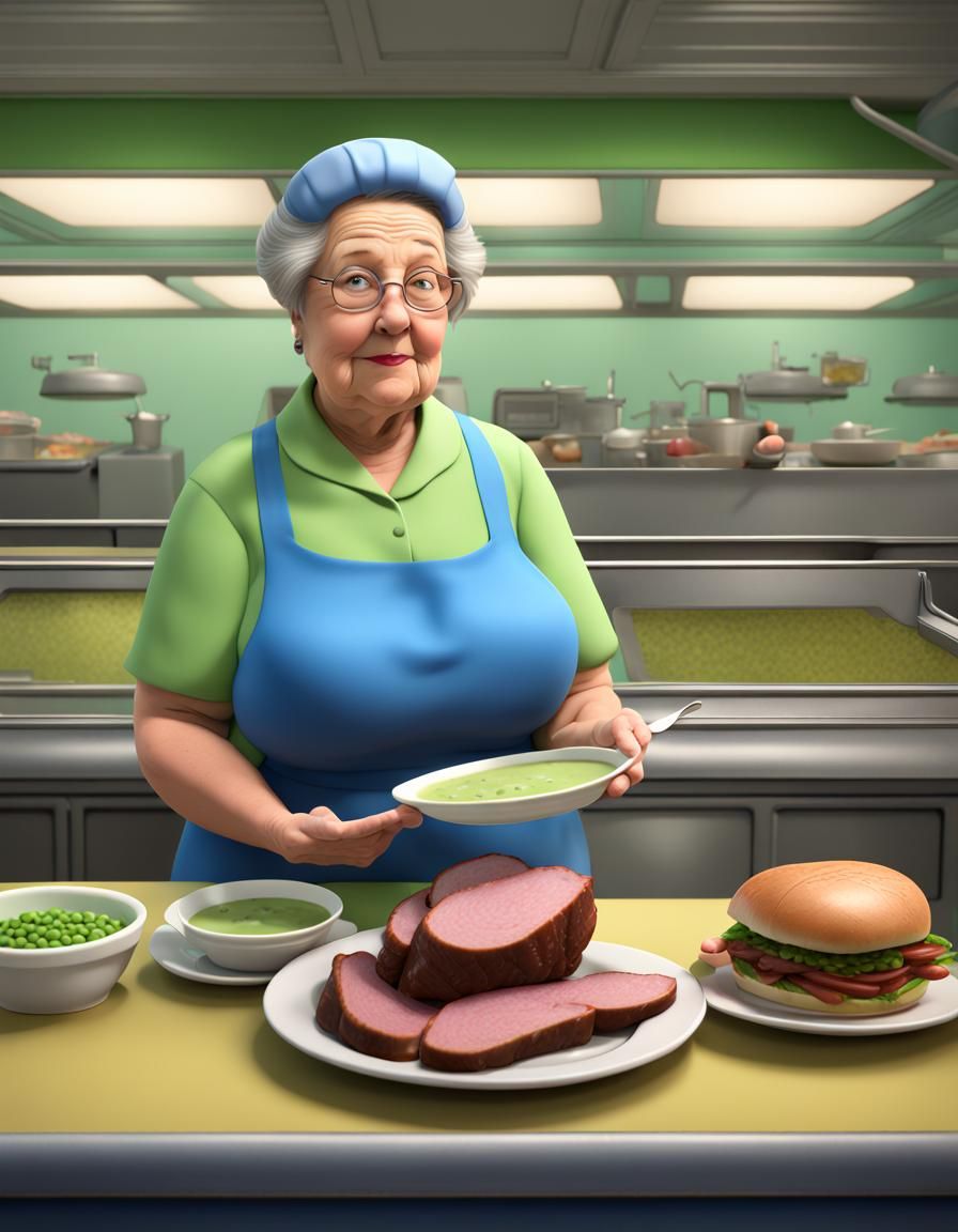 Cartoon Lunch Lady Serving Roast Beef and Soup