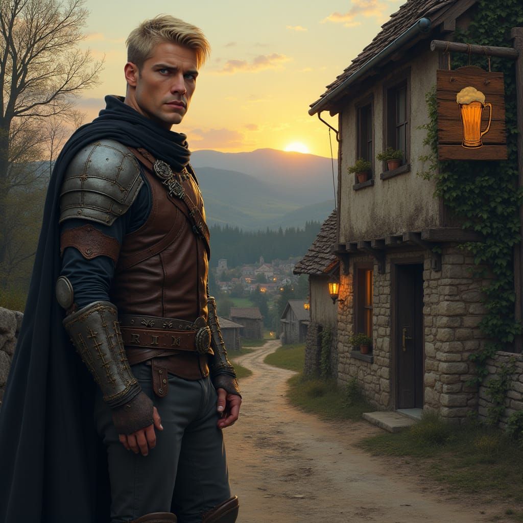 Warrior Stands Before Rustic Inn in Dusk