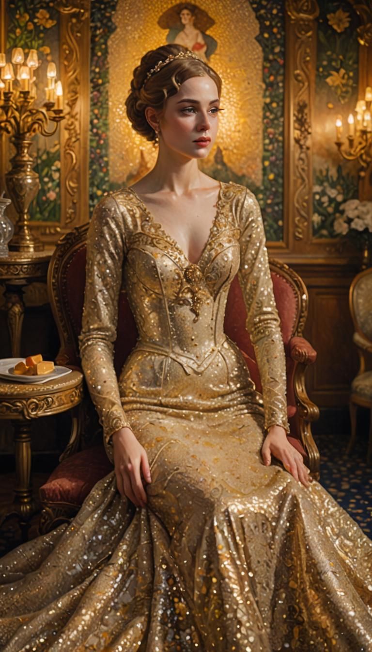 Elegant Pointillism Portrait of a Lady in Gown