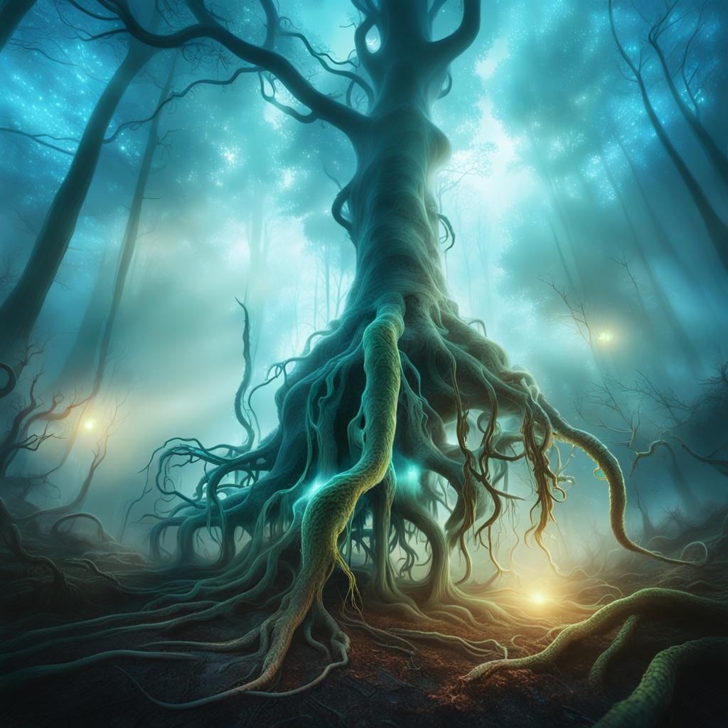 Mystical Bioluminescent Roots in Ethereal Forest
