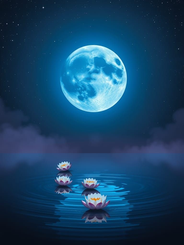 Mystical Blue Moon Over Lotus Pond, Surreal Digital Art