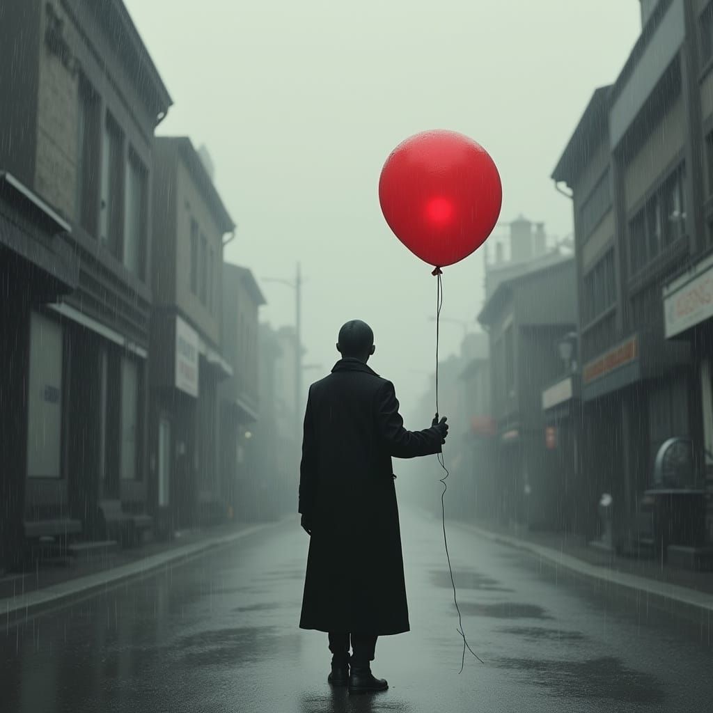 Monochrome Cityscape with Red Balloon, Dystopian Art
