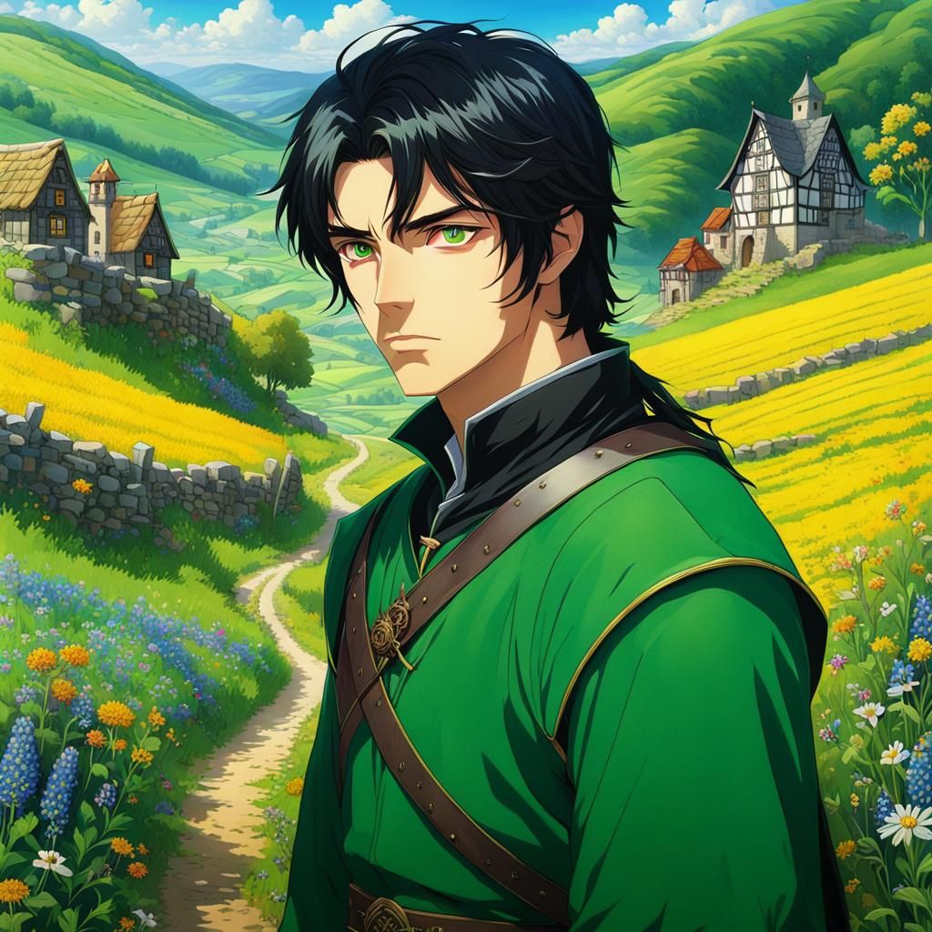 Anime Man at Crossroads in Medieval Landscape