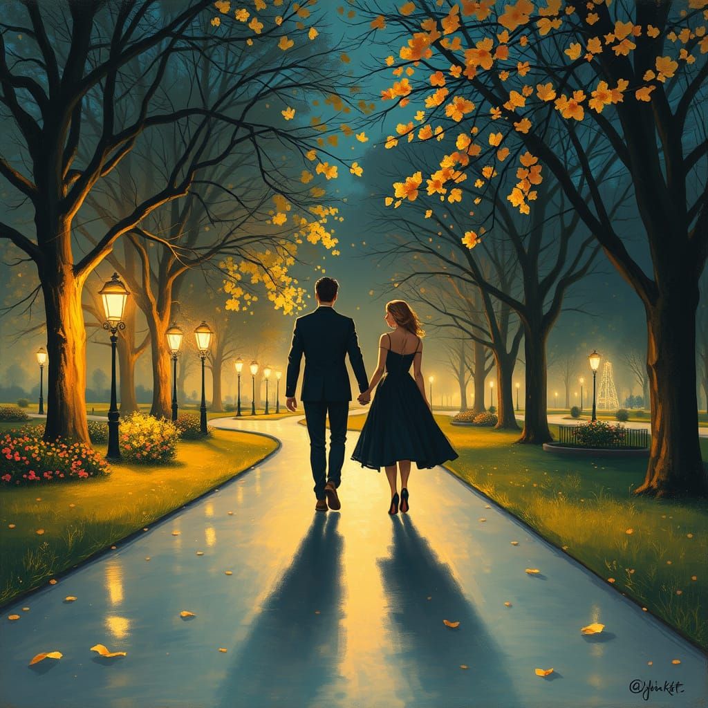 Romantic Couple in Rainy Park as Impressionist Painting