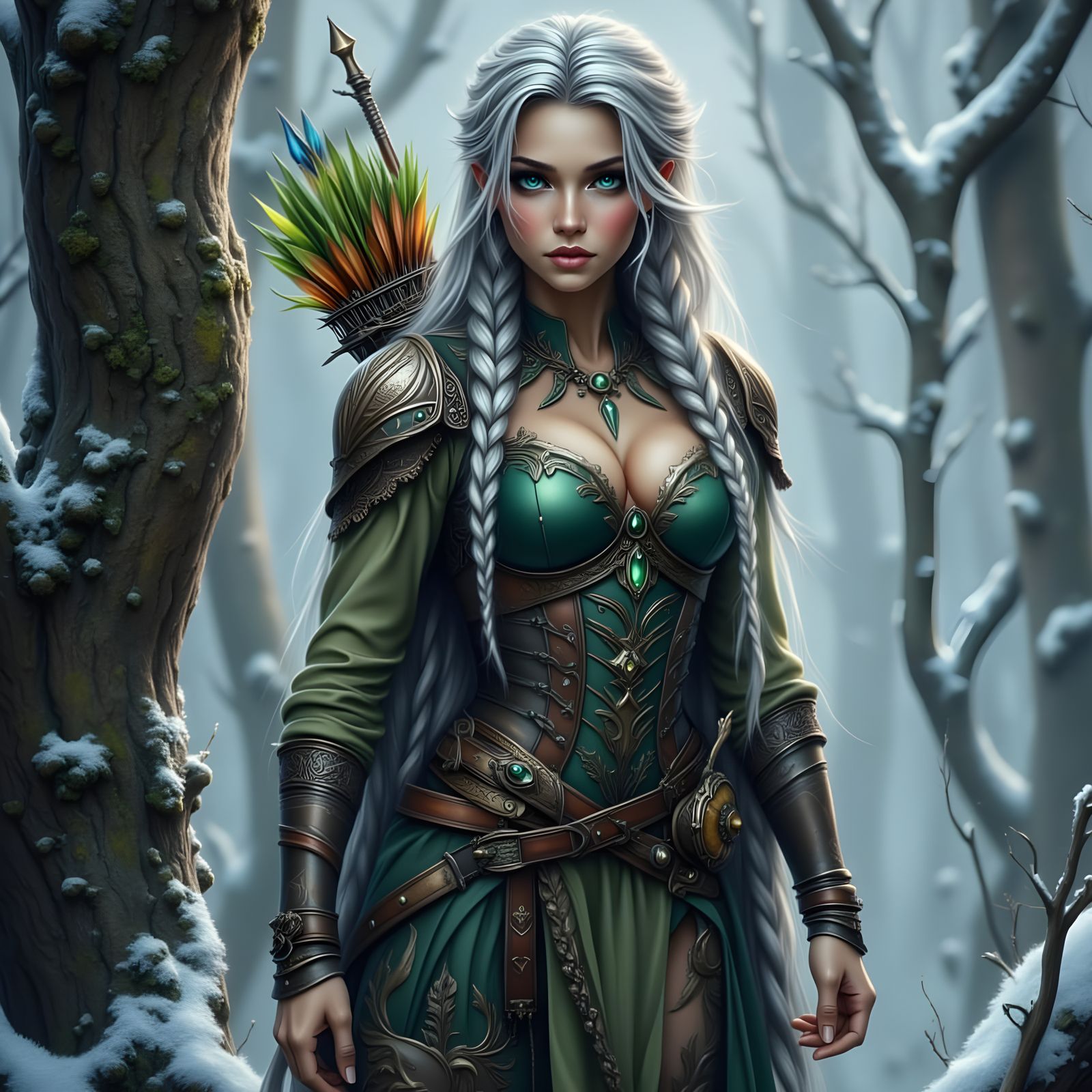 Elven Huntress Draws Bow in Snowy Mystical Forest