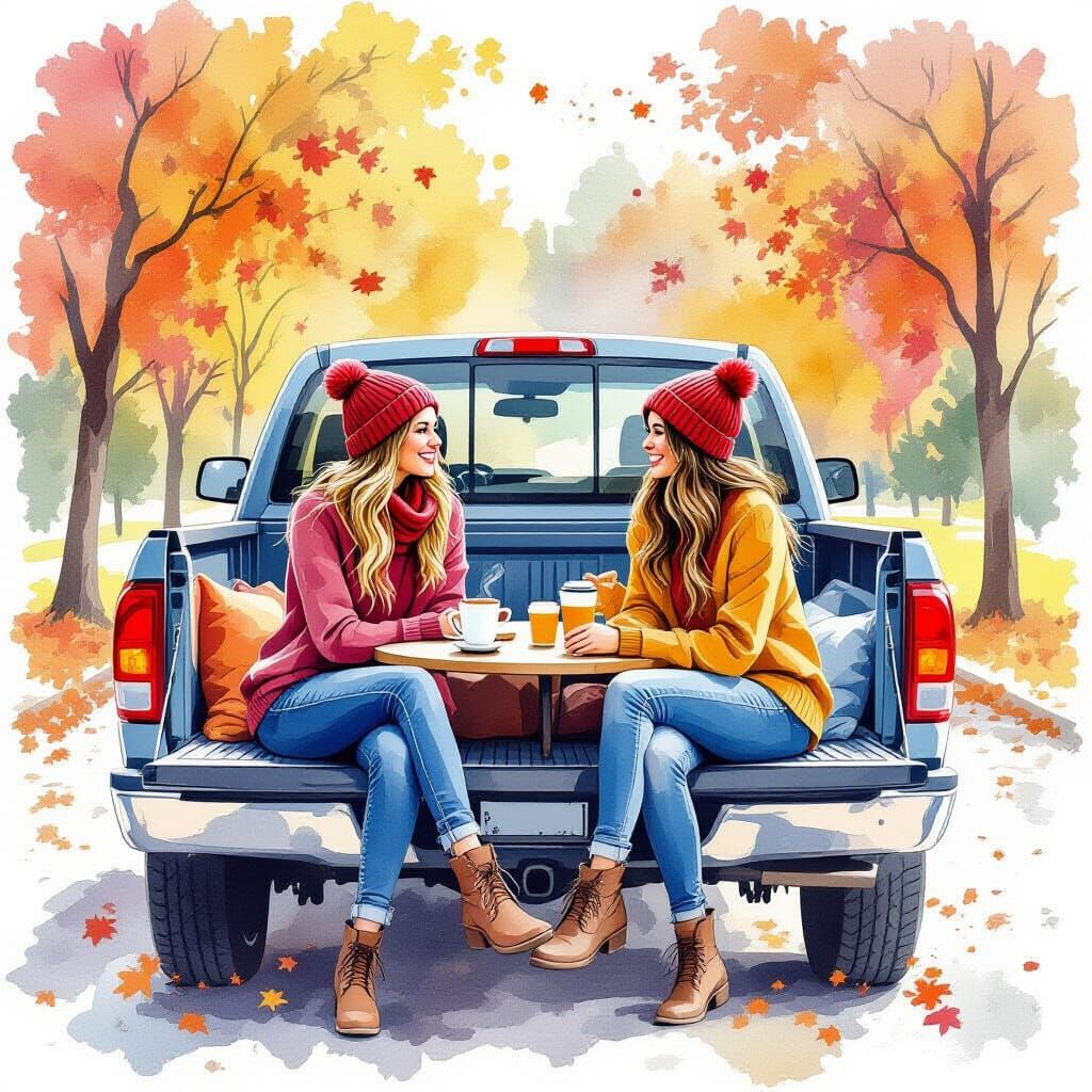 Women Enjoying Coffee in Autumn Park, Watercolor