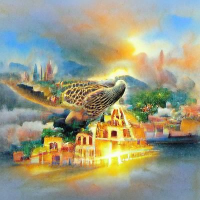 Aztec Dove Spreads Light Over Tenochtitlan in Cubist Style