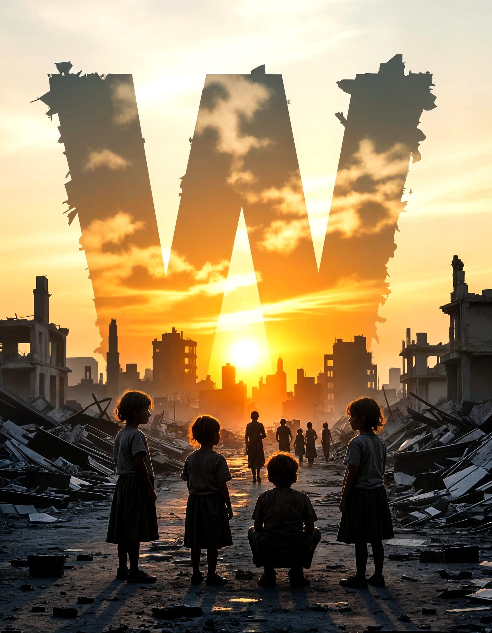 Orphaned Children Mourn in Post-War Cityscape