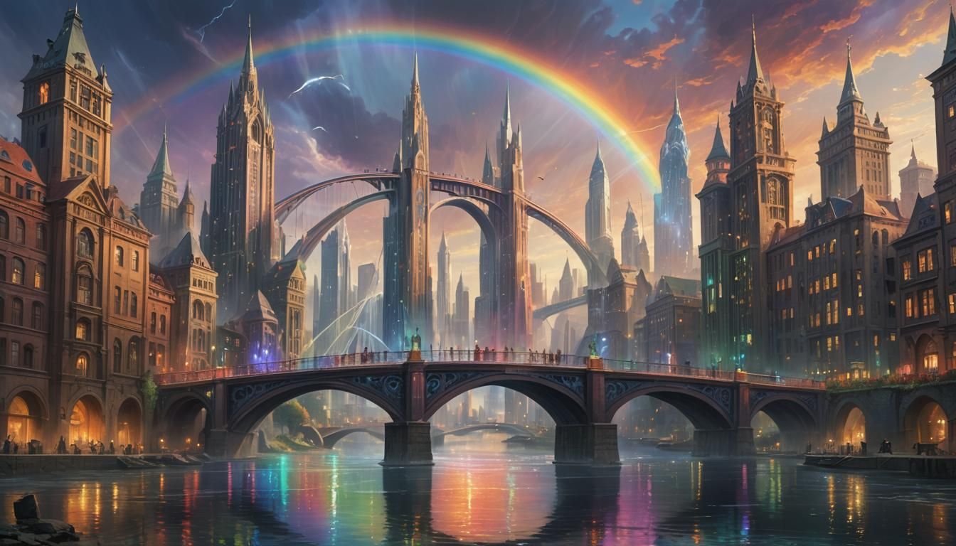 Rainbow Bridge Cityscape in Vibrant Oil Painting