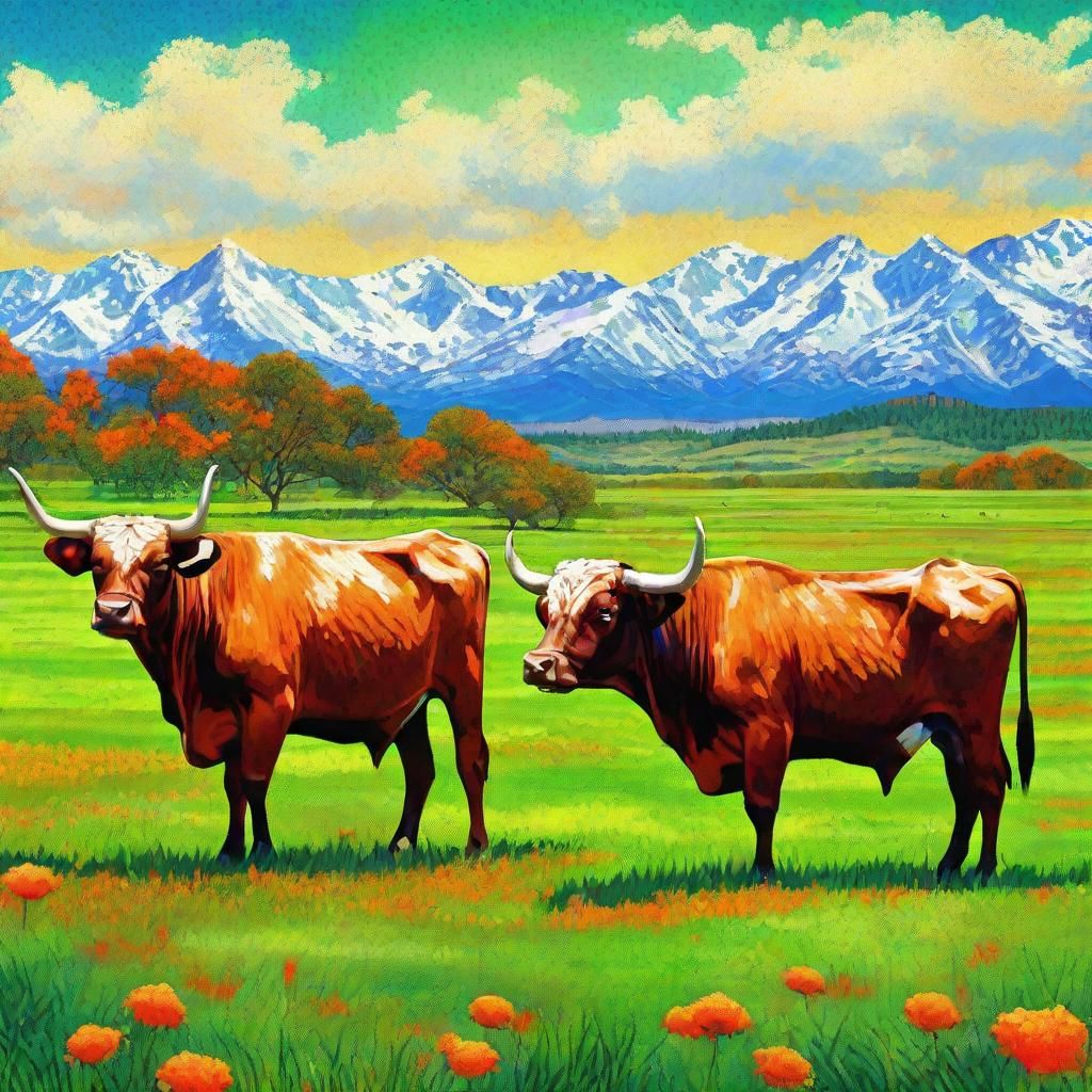Pointillist Longhorn Cattle on Prairie, Digital Art