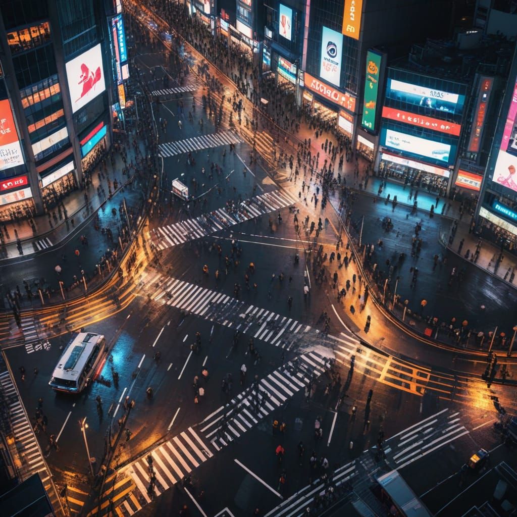 Shibuya Crossing Aerial View in Digital Art
