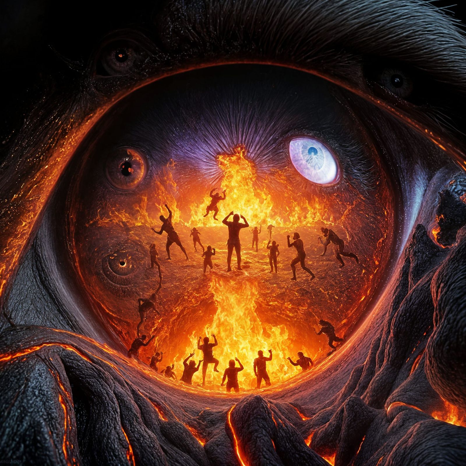 Macro View of a Demon's Eye Reflecting Hell