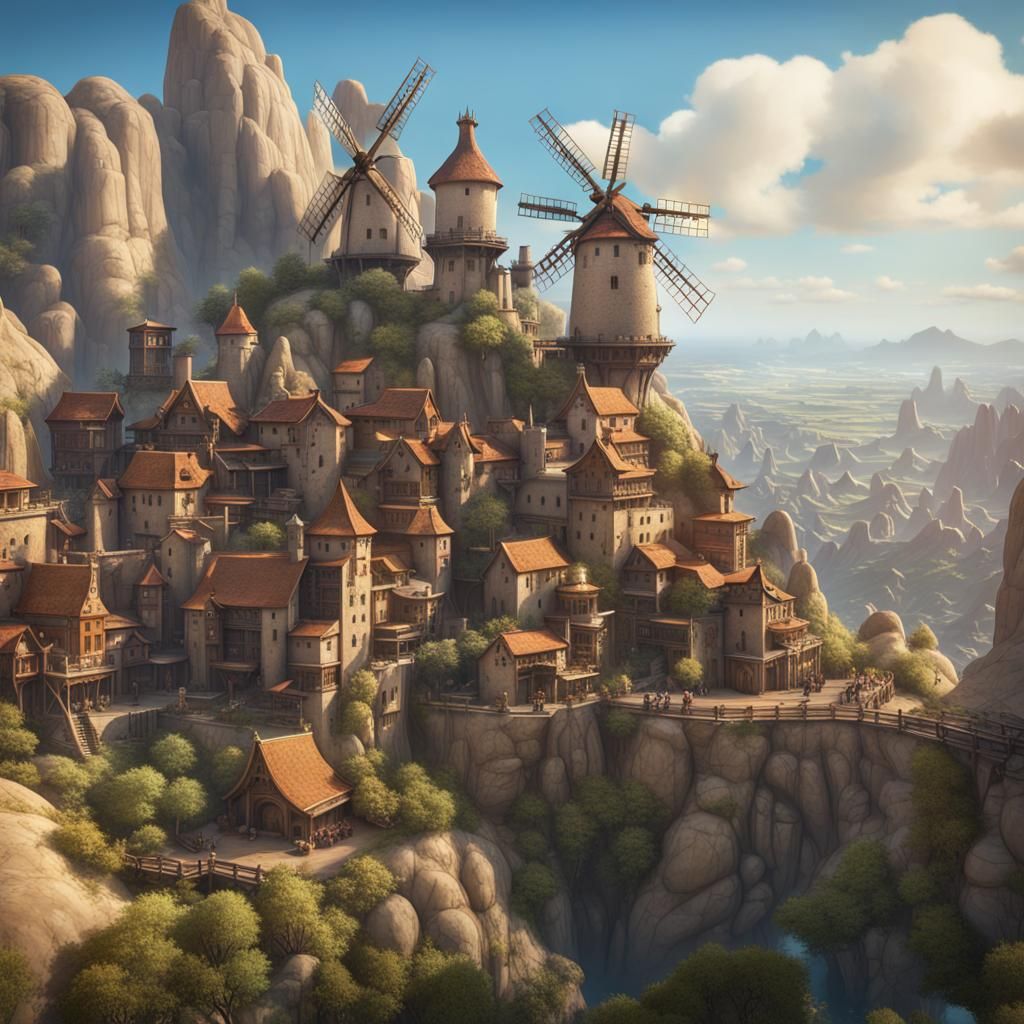 Fantasy City on Desert Mountain in Ghibli Style