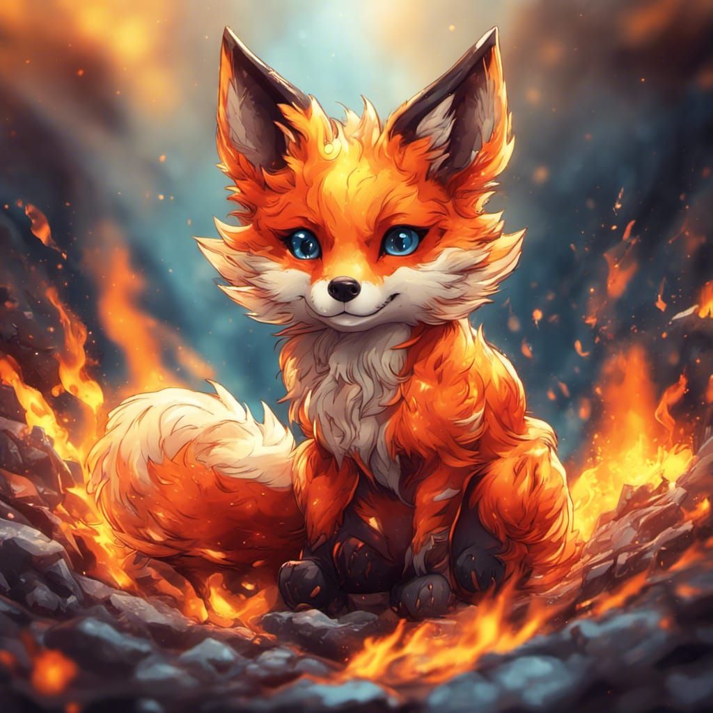 Chibi Fire Fox with Deep Color and Detail