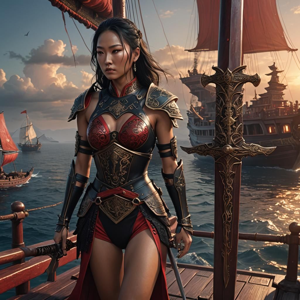 Woman in Red and Black Armor on Ancient Ship