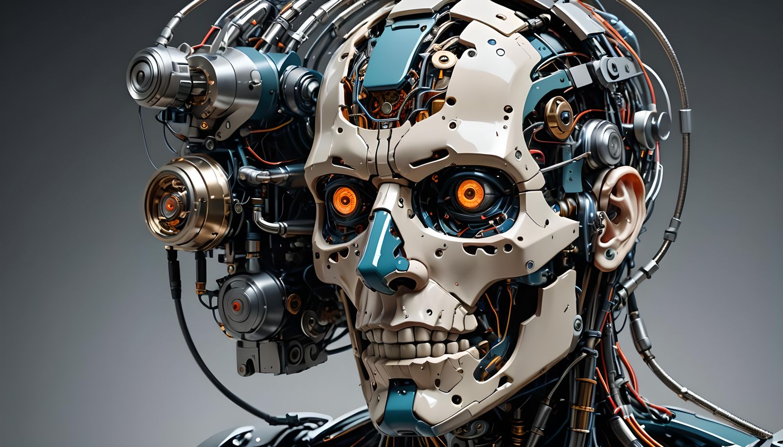 Autopsy of Advanced Cyborg Head in Sci-Fi Horror Style