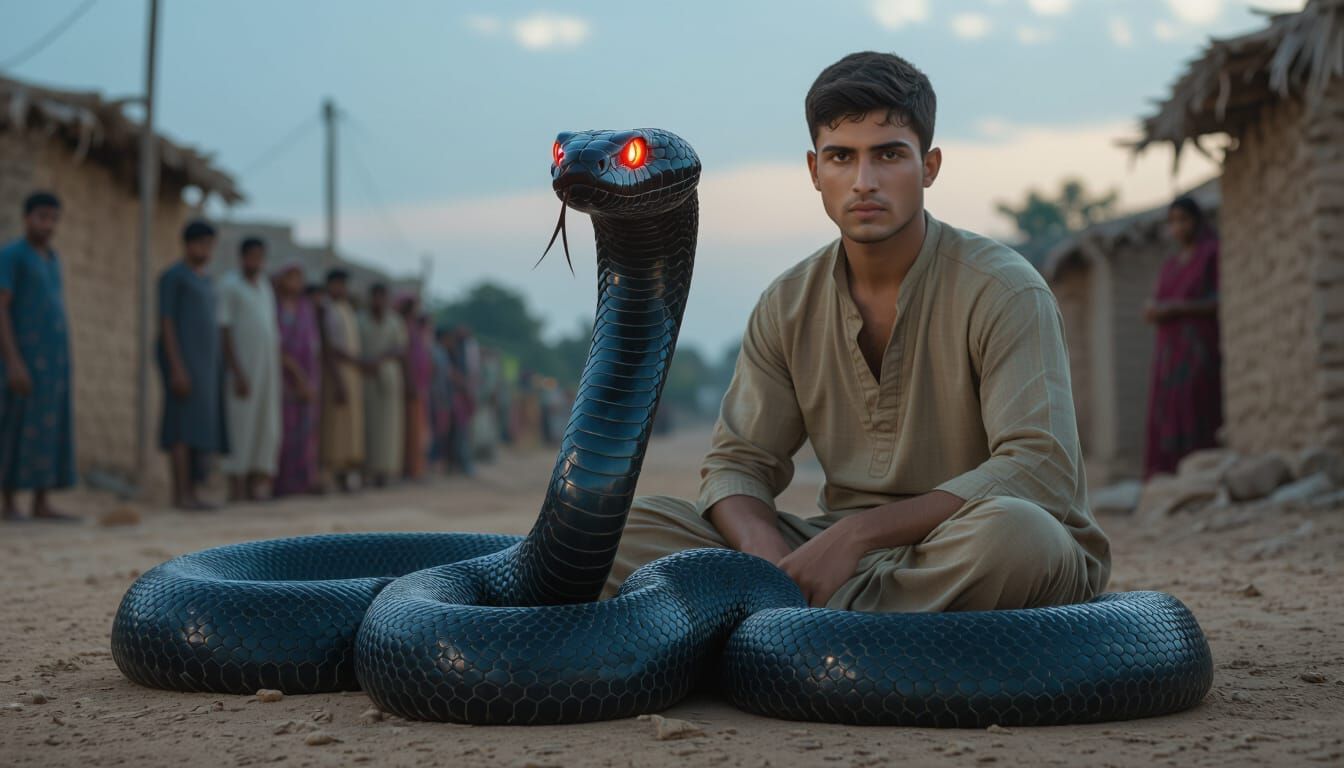 Cinematic Ancient Scene: Man and Menacing Snake