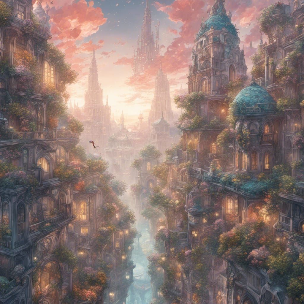 Ethereal Art Nouveau City in the Clouds