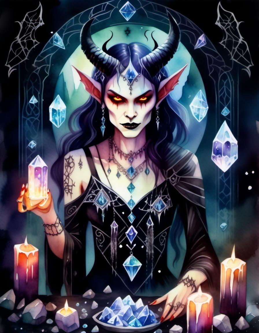 Gothic Demoness Surrounded by Crystals in Watercolour