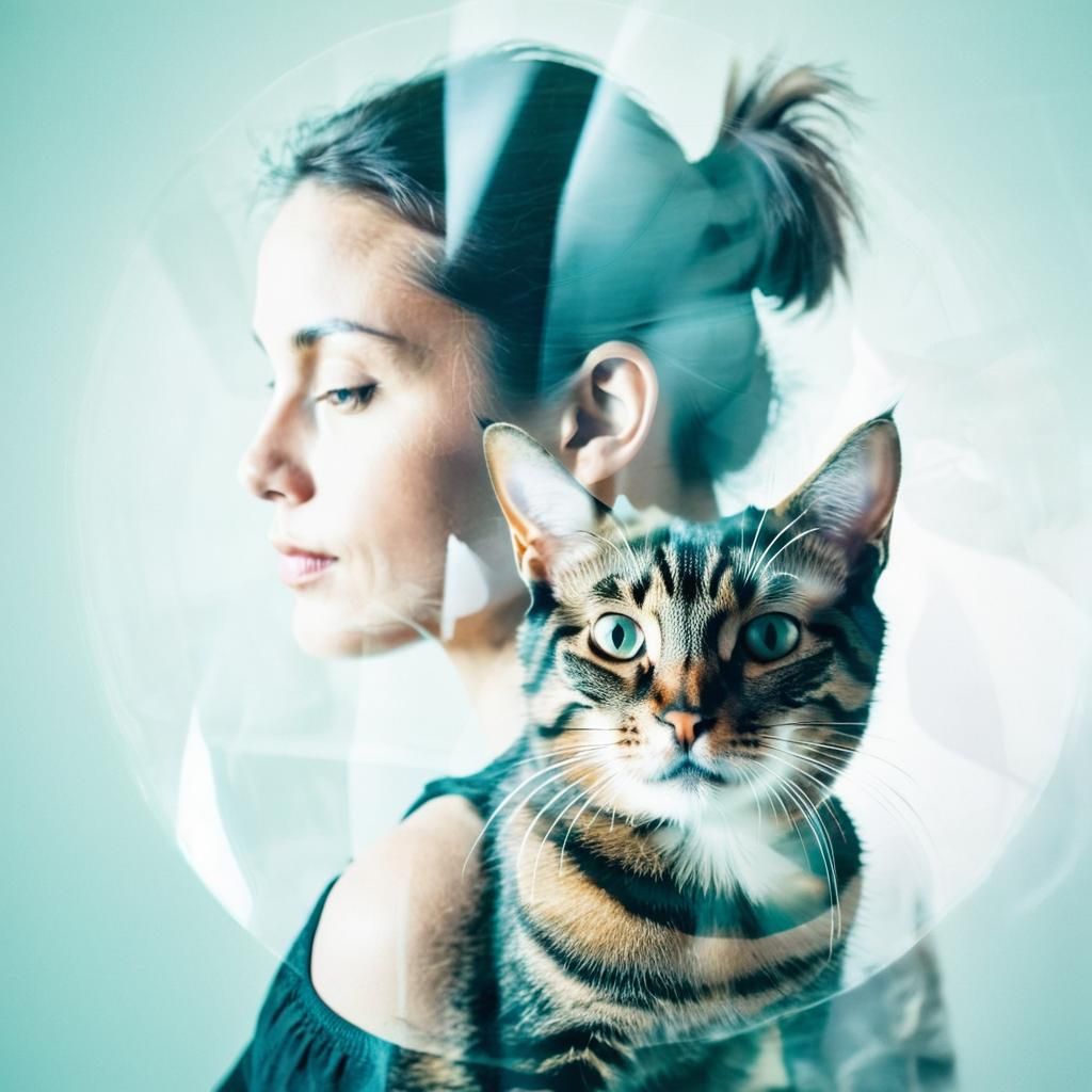 Double Exposure: Woman and Cat Portrait