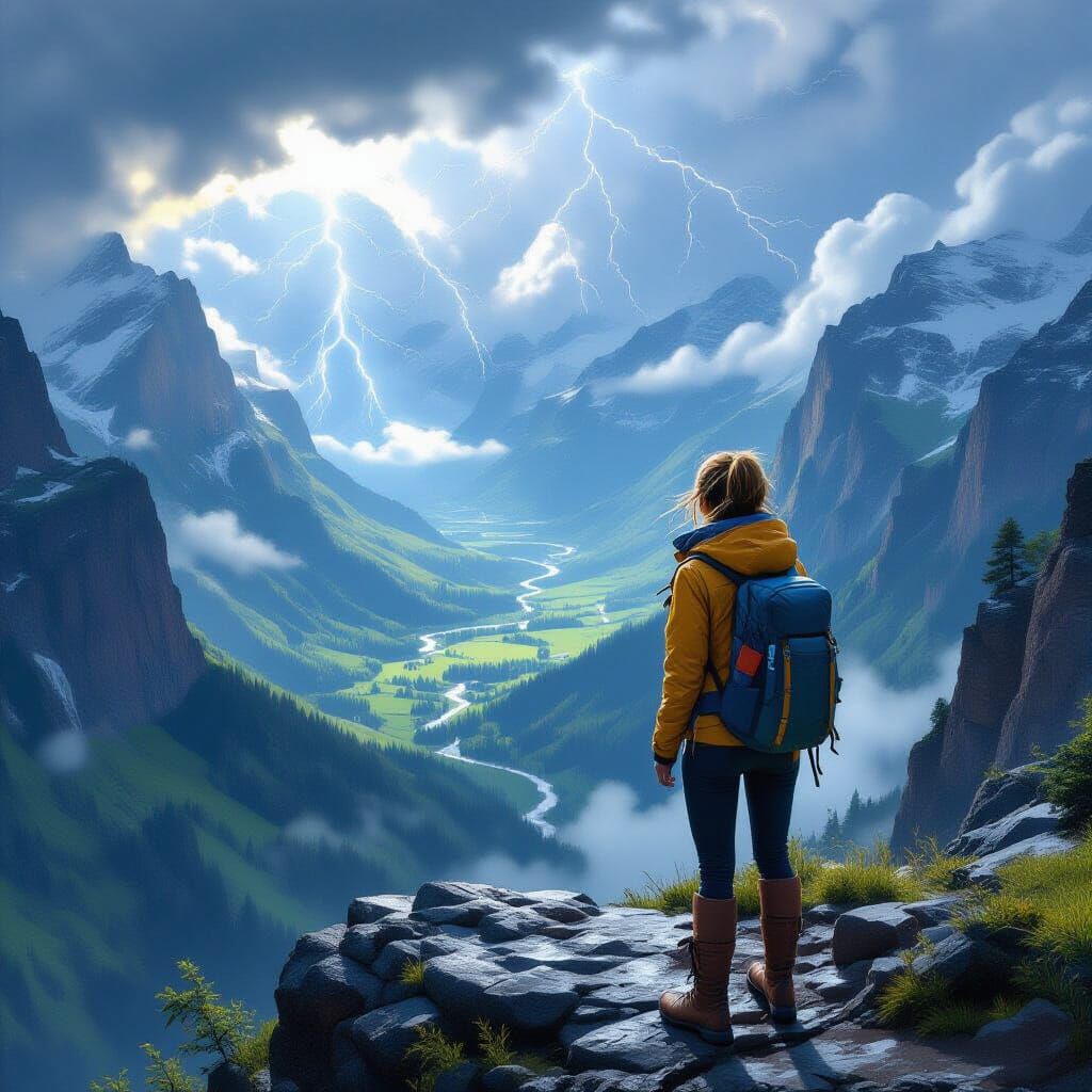 Young Hiker Gazes Over Valley in Dramatic Lighting