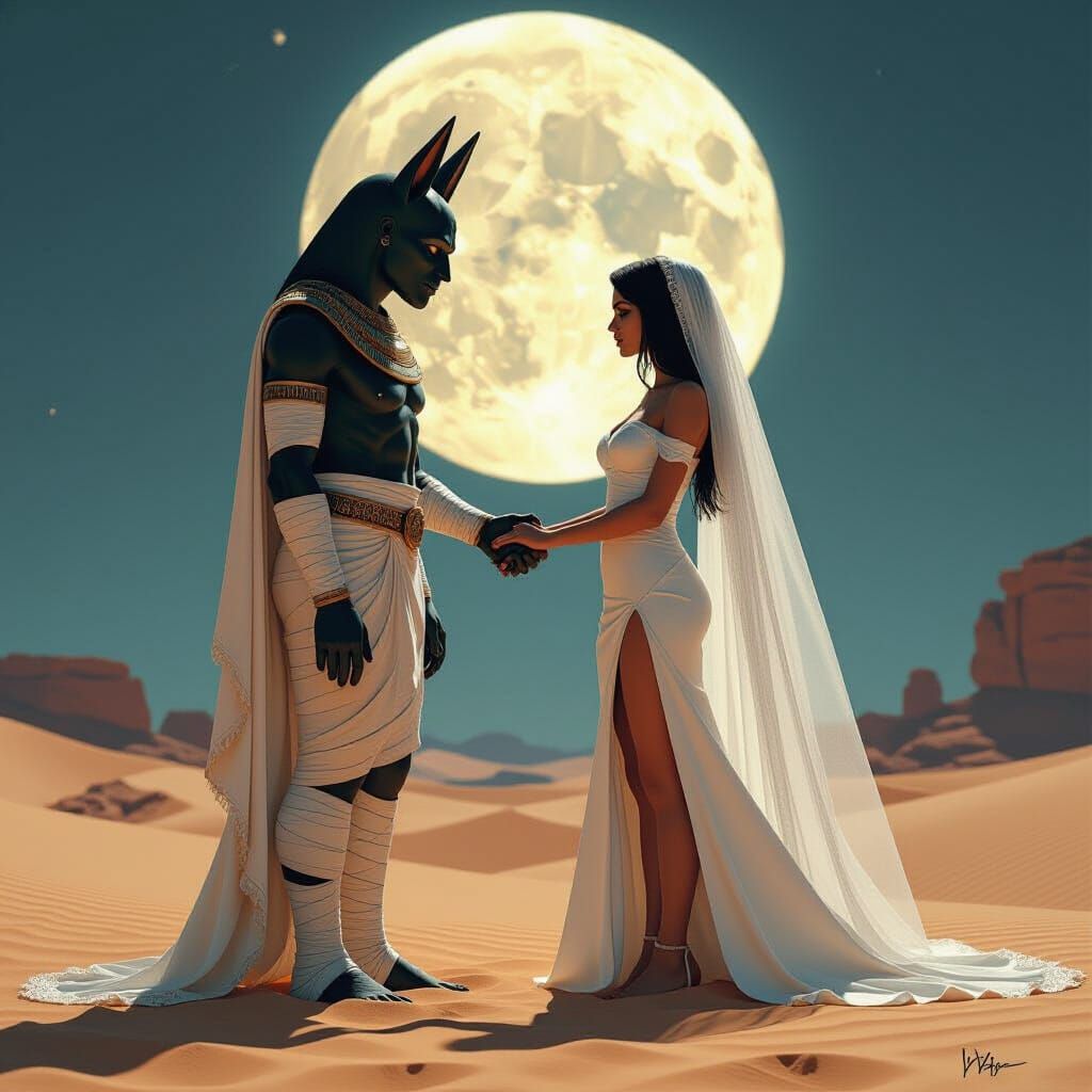 Anubis Officiates Mummy and Bride Wedding in Desert