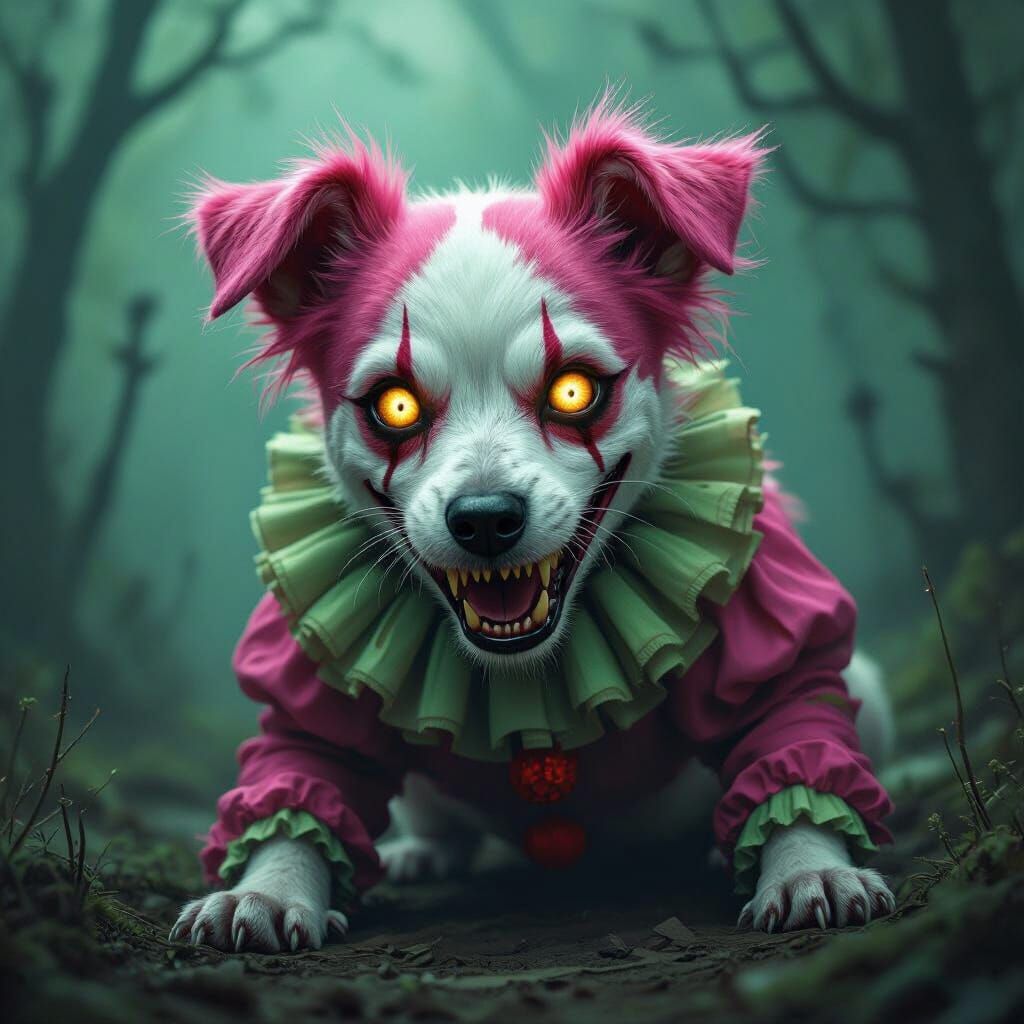 Terrifying Humanoid Clown Jack Russell Dog in Gothic Style