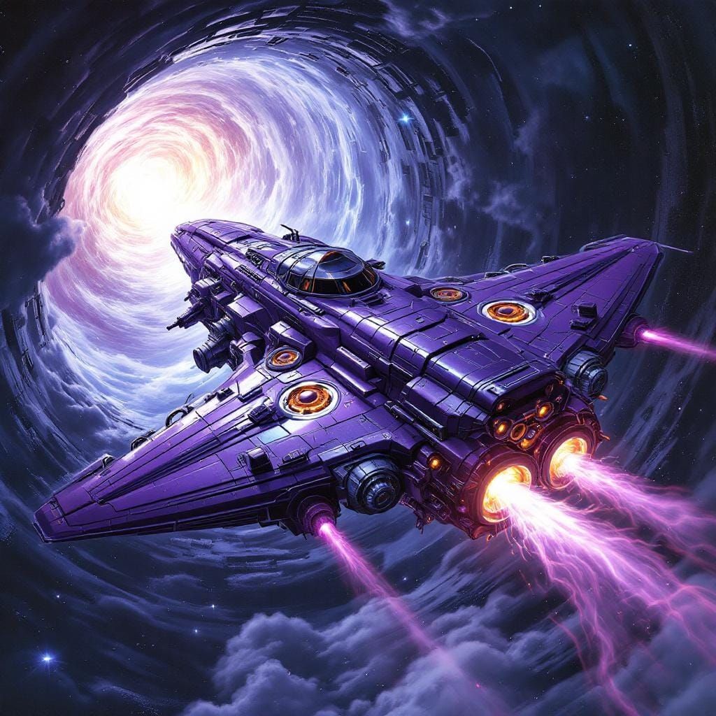Iridescent Spaceship Soars Through Intergalactic Stargate
