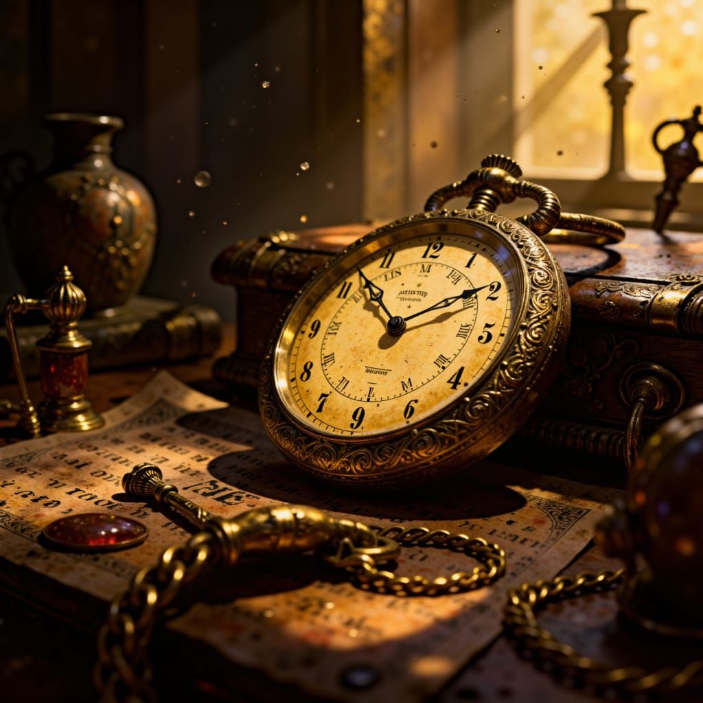 Vintage Pocket Watch on Desk in Golden Light