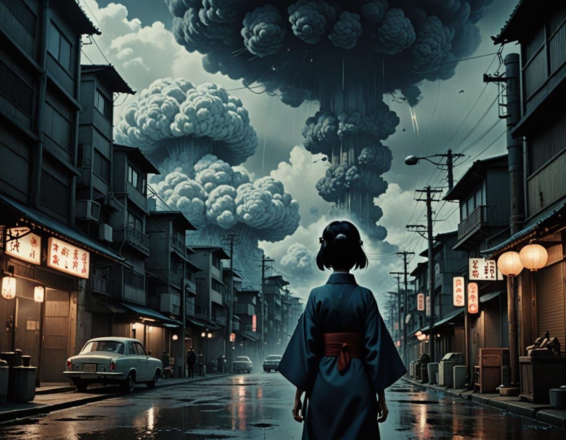 Ethereal Anime Girl in Monochromatic Cityscape with Nuclear ...