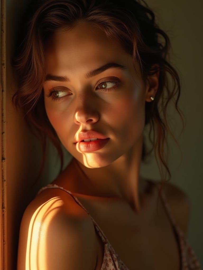 Seductive Beauty in Soft Light, in Cinematic Style