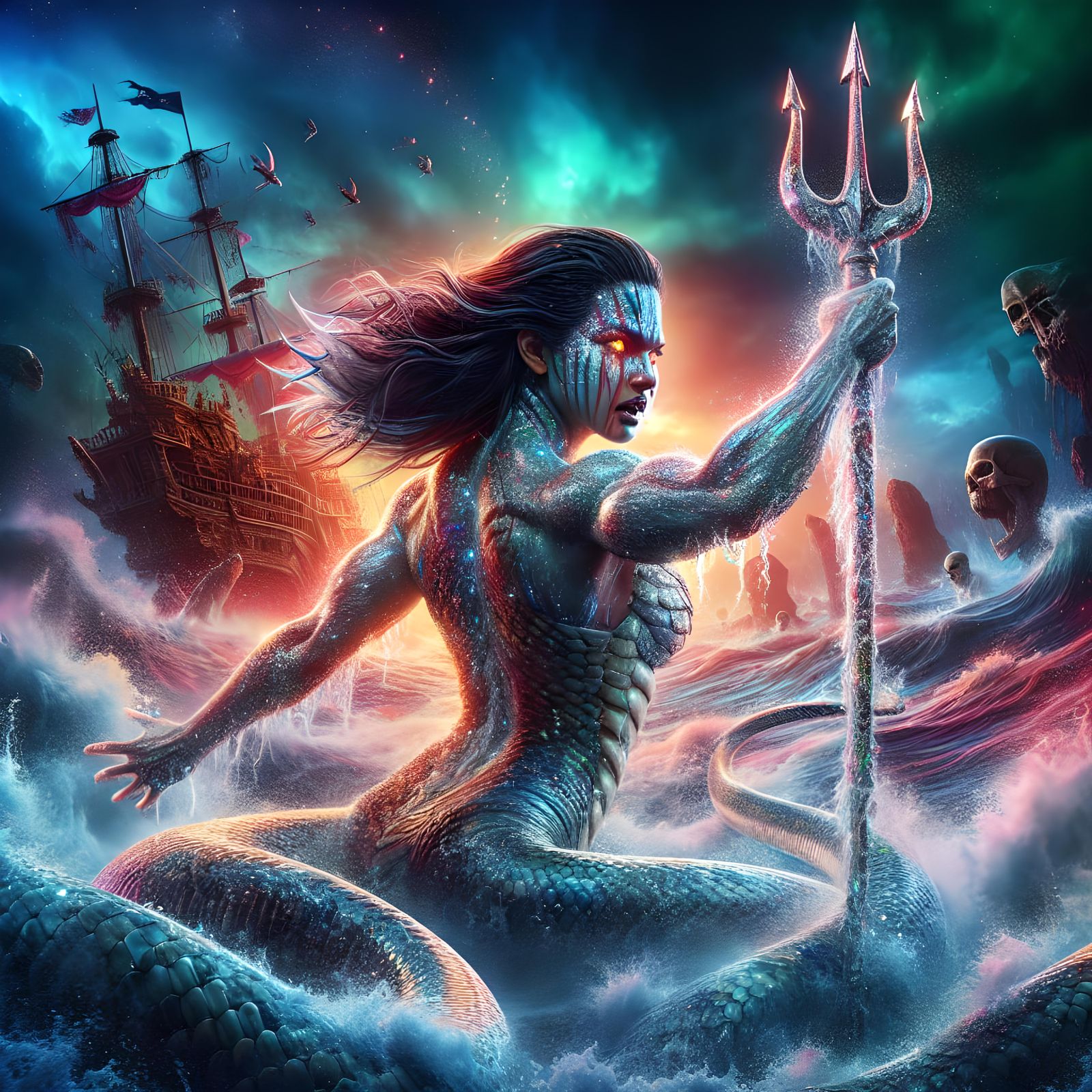 Muscular Snake Woman with Trident in Stormy Seas