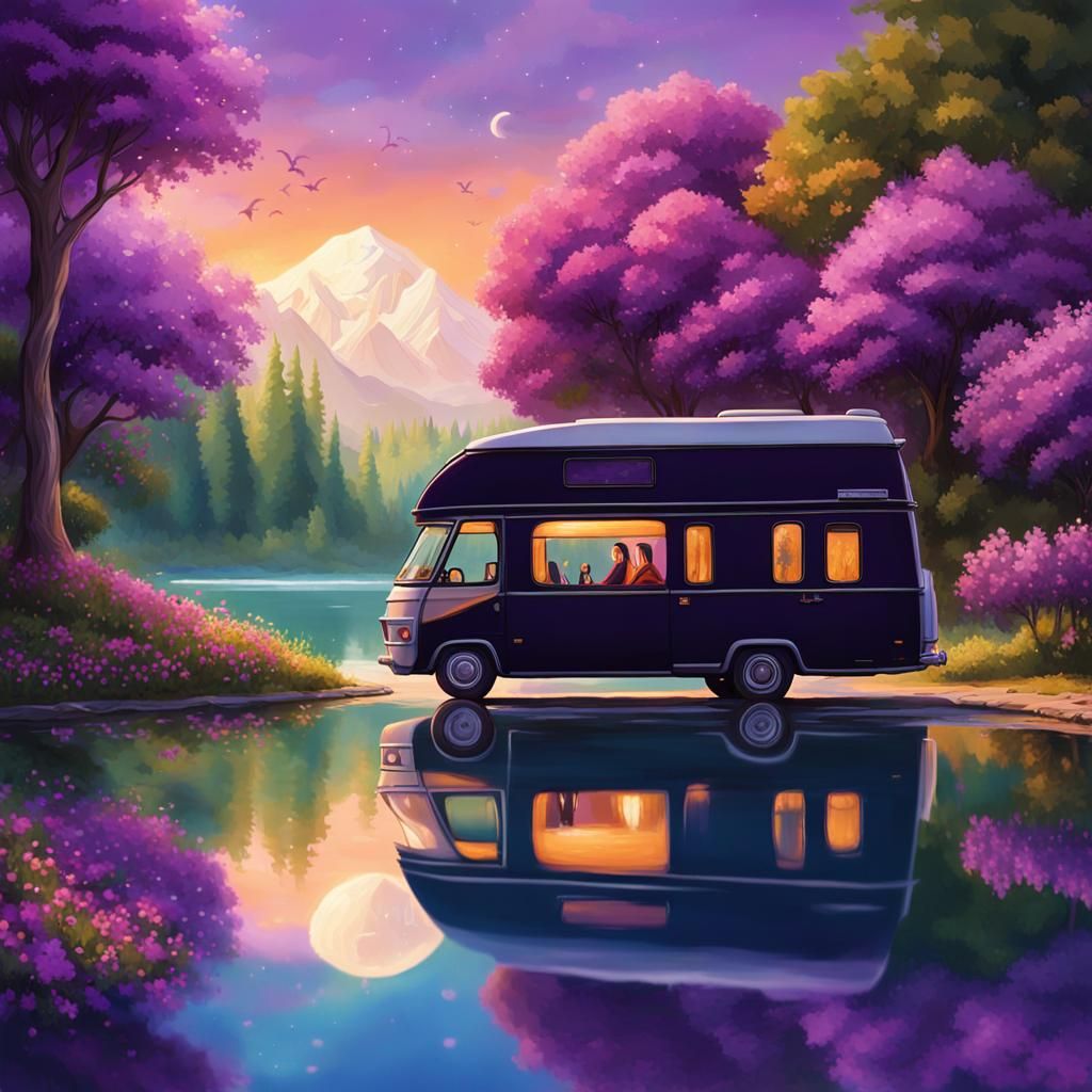 Muslim Couple's Lakeside Campervan Fantasy Art