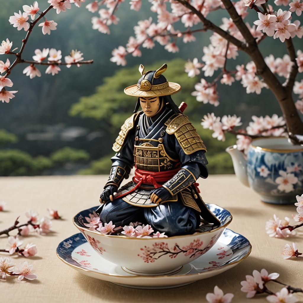 Miniature Samurai in Teacup with Cherry Blossoms