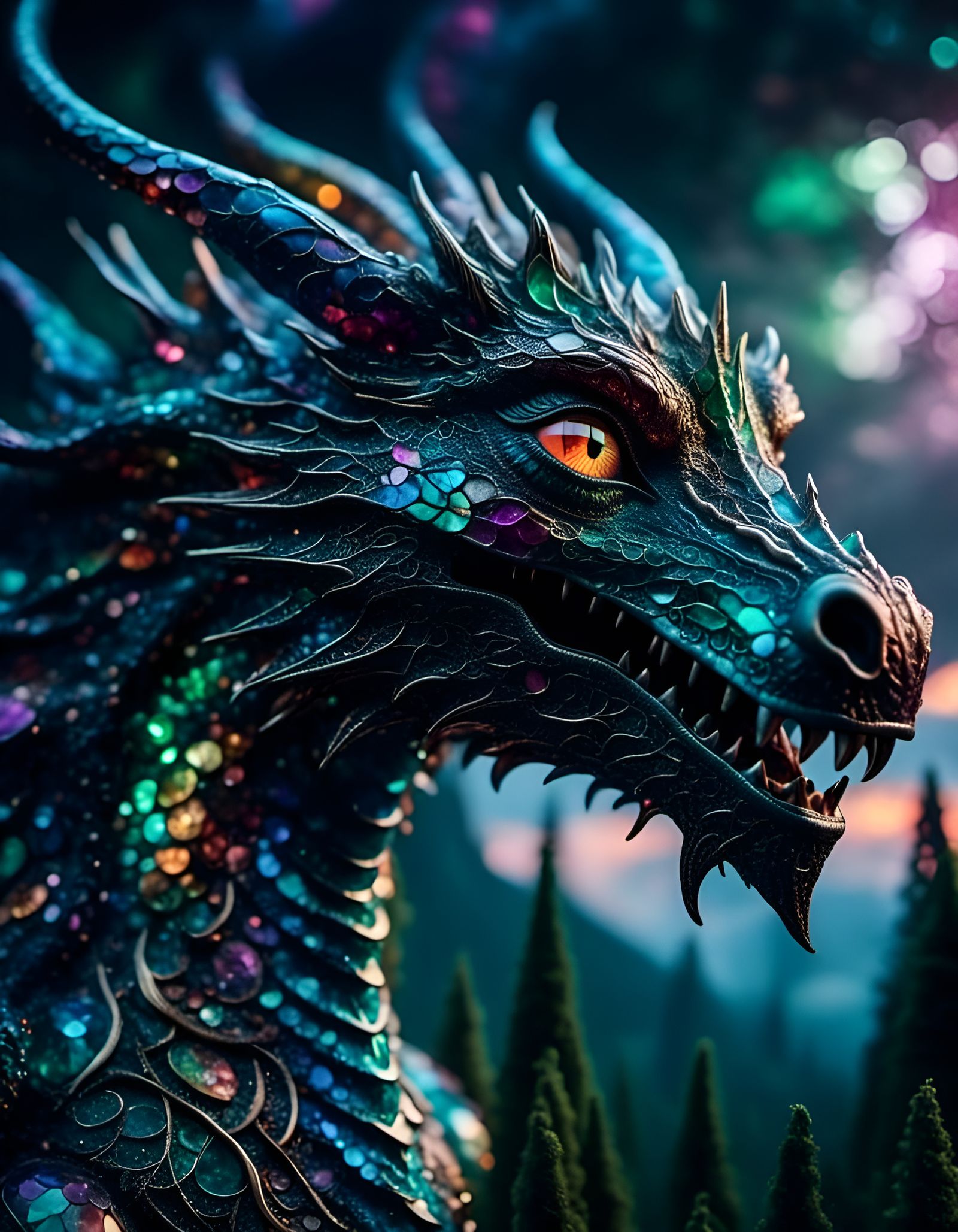 Sad Iridescent Dragon Portrait in Dark Forest