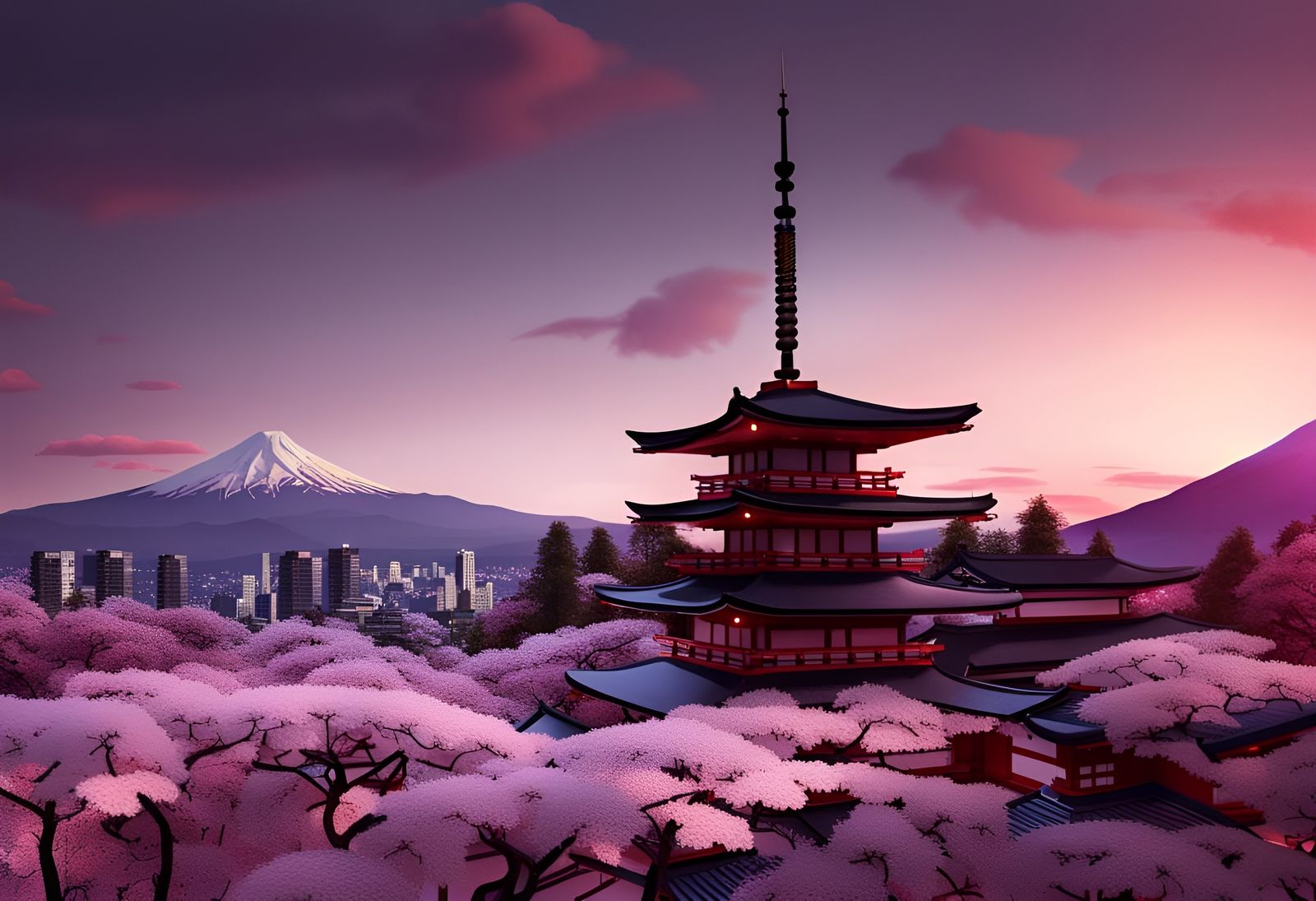Japanese Temple with Sakura Trees and Mount Fuji