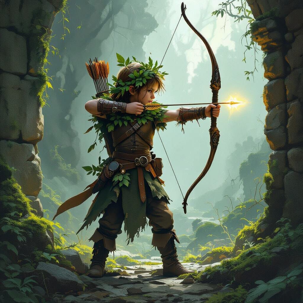 Whimsical Archer in Moss-Covered Ruins