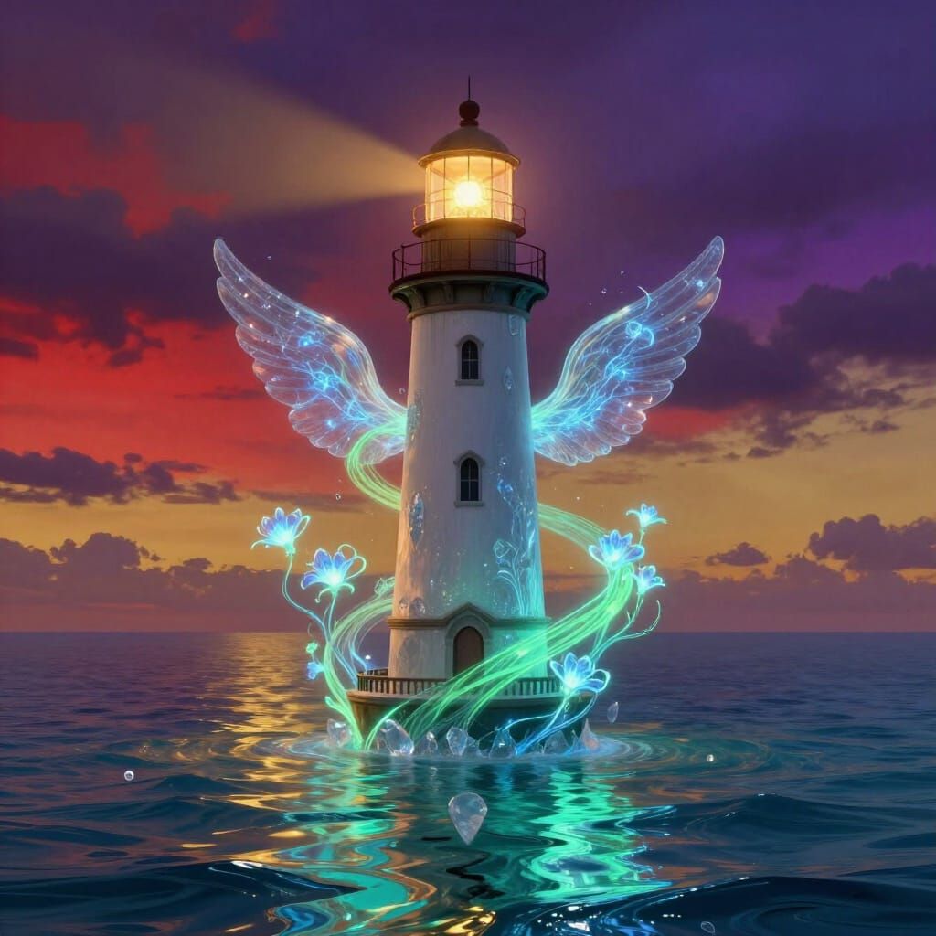 Surreal Lighthouse Above Liquid Glass Ocean