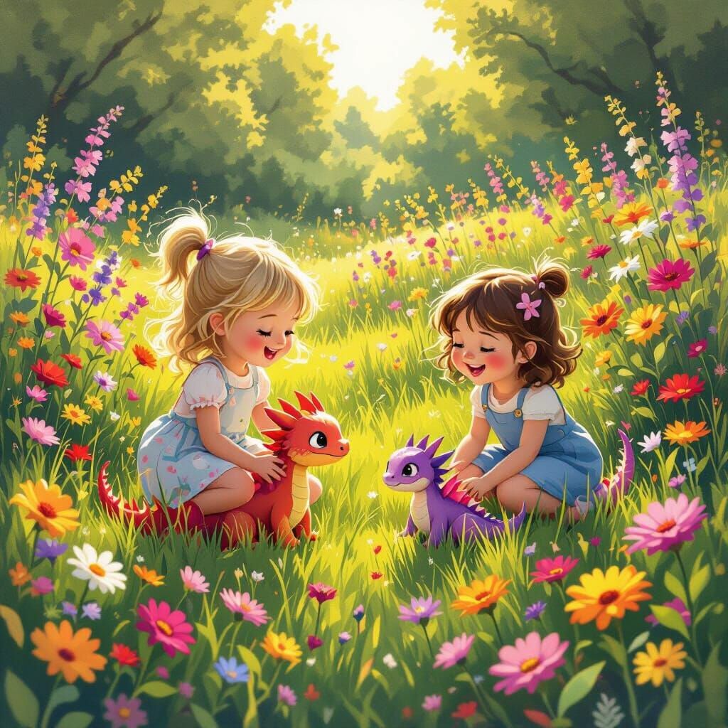 Children Playing with Pink and Purple Dragons in Meadow