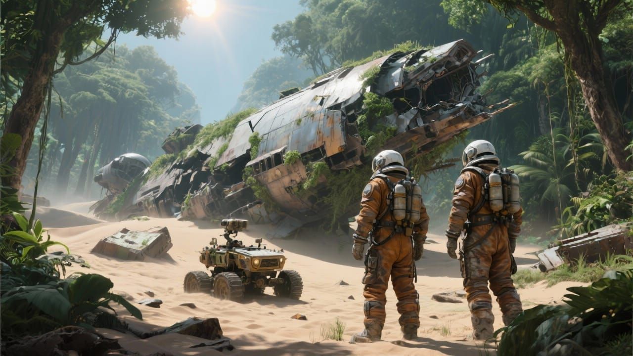 Jungle Planet Astronauts Salvaging Ancient Spaceship