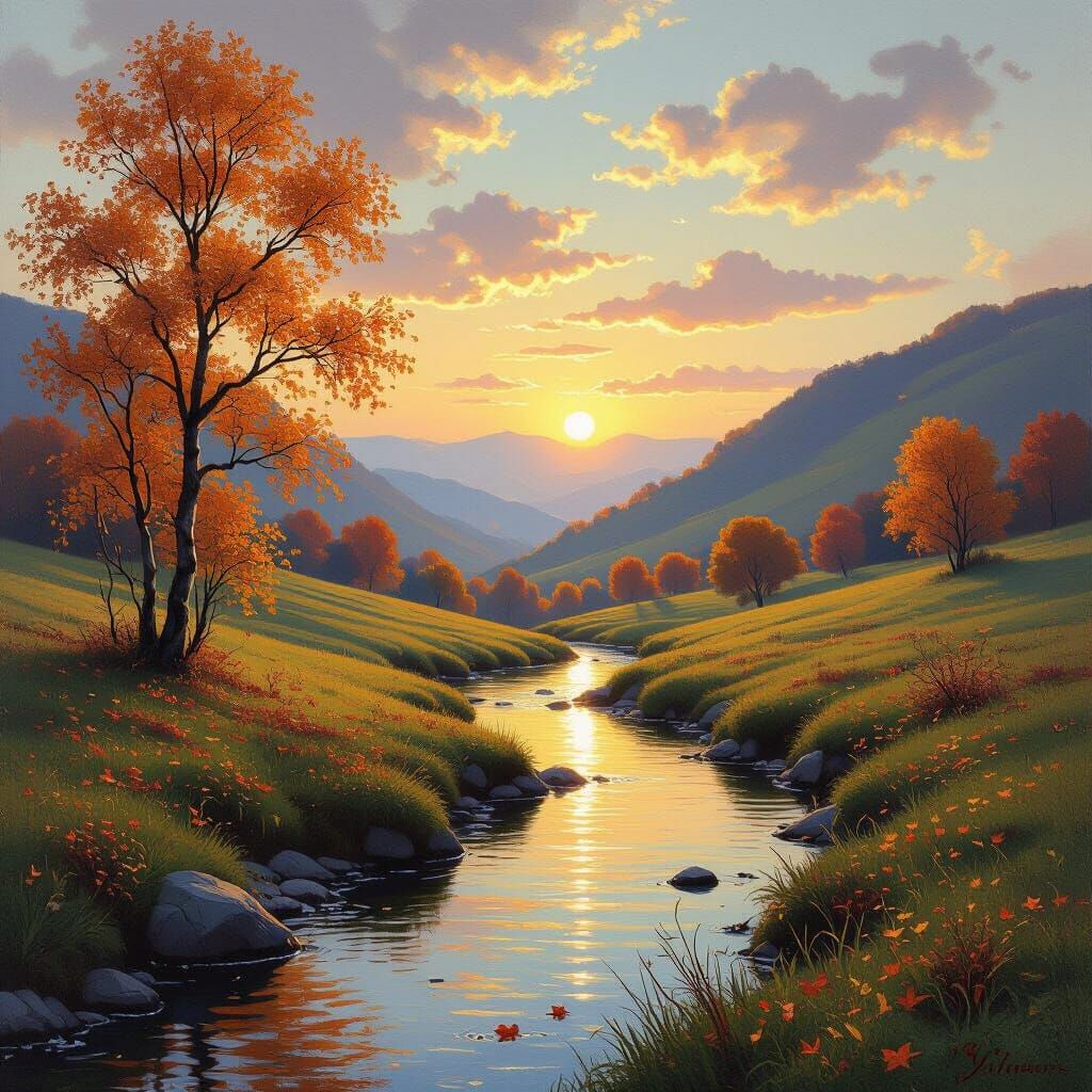 Autumnal Valley Sunset in Impressionist Style