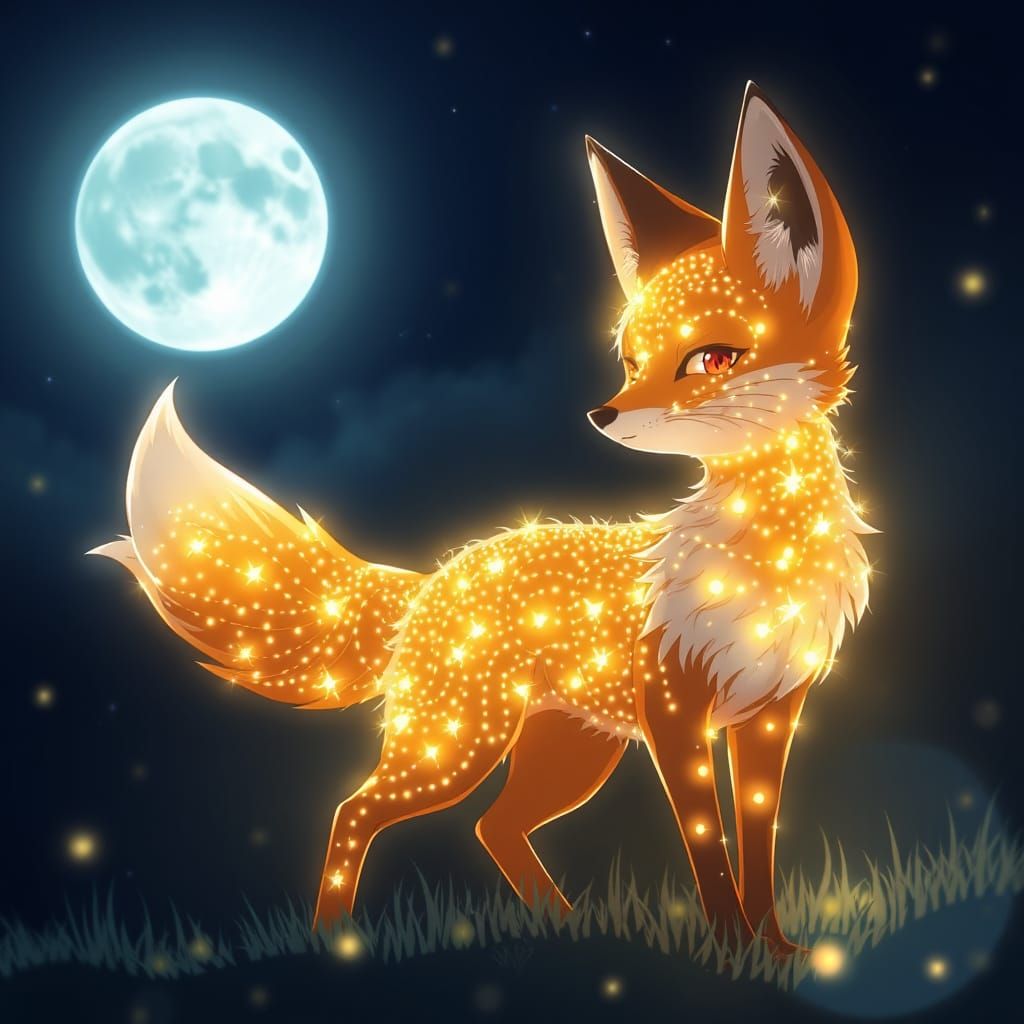Fox of Light Sparkles Under Moonlight, Anime Style
