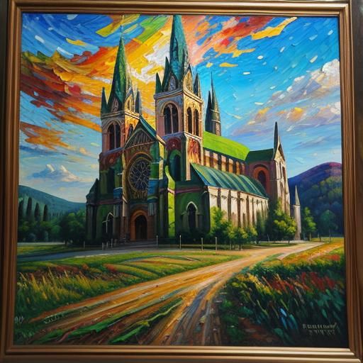 Majestic Cathedral Landscape in Expressionist Impasto Style