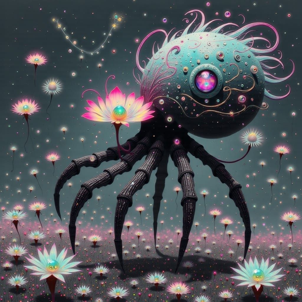 Whimsical Moonlit Oceanic Scene with Enchanting Octopus-Spid...