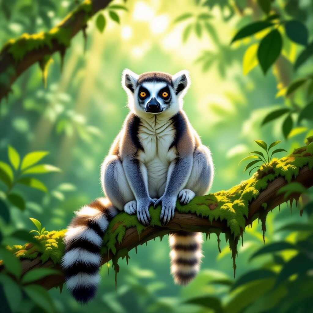 Playful Lemur in Sun-Dappled Jungle, Ghibli Style