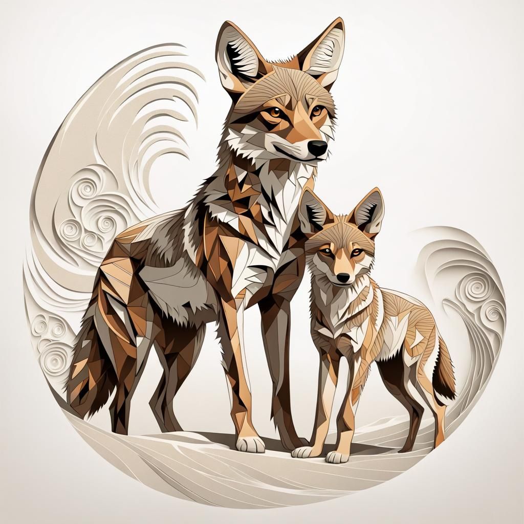 Coyote and Pup: Japanese Paper Cut Design