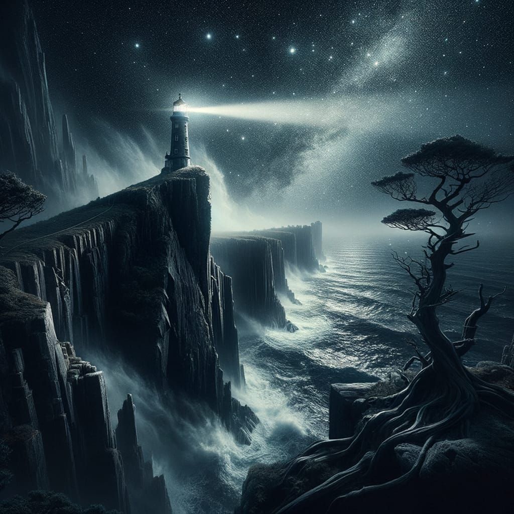 Lighthouse Beam Pierces Starry Night Over Tempestuous Ocean