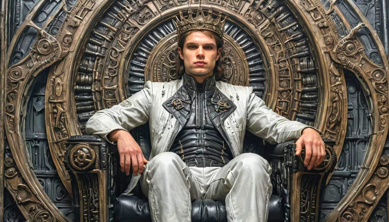 Young King on Throne in Biomechanical Style