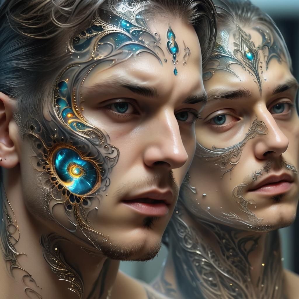 triple  fantastic  curve Levi fractal sci-fi style tattoo on a face the Men watched in mirror reflection, lights, lace p...