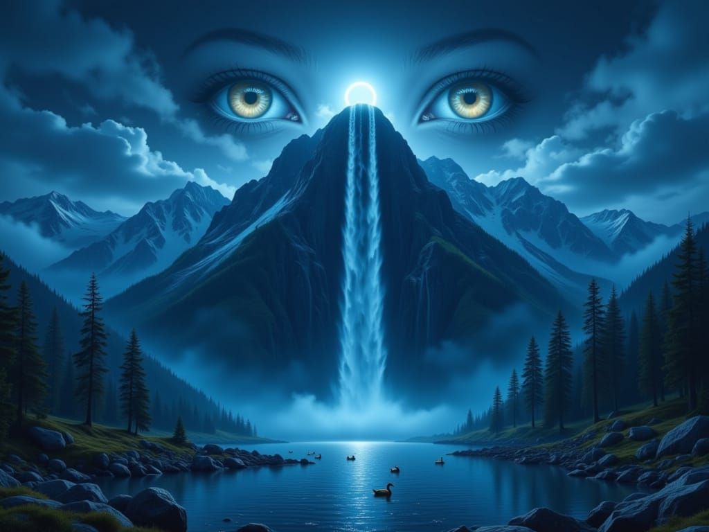 Mountain with Eyes Cries Waterfall Into Duckling Lake